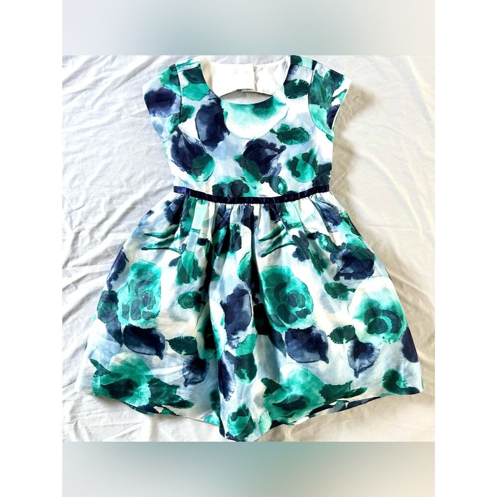 Gymboree All Dressed Up Girls 5 Blue Green Floral Fit & Flare Party Dress